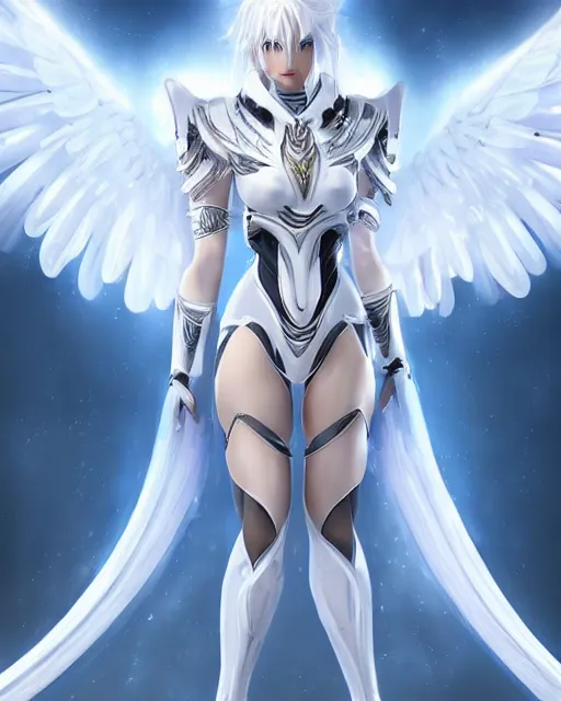 Image similar to perfect white haired attractive egyptian goddess with huge white dove wings, warframe armor, beautiful, symmetric, dreamy, half asian, pretty face, blue eyes, detailed, scifi platform, laboratory, experiment, 4 k, ultra realistic, epic lighting, android body, illuminated, cinematic, masterpiece, art by akihito tsukushi, voidstar