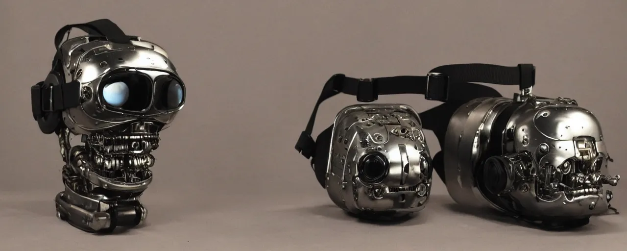 Image similar to vintage photo of advanced complex steampunk VR headset, terminator, robot, borg