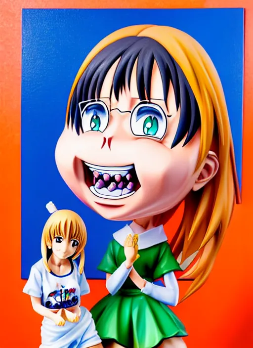 Prompt: a lifelike oil painting of an anime girl figurine caricature with a big dumb grin featured on nickelodeon by arthur szyk made of madballs