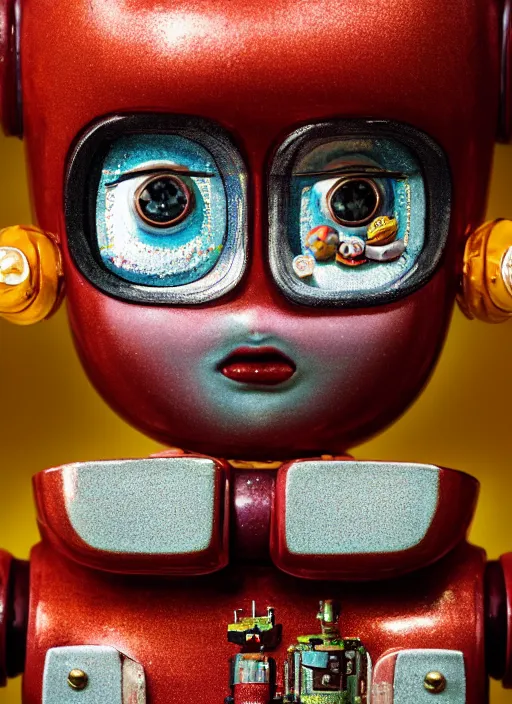 Image similar to closeup portrait of tin toy robot cake kitchen, depth of field, zeiss lens, detailed, symmetrical, centered, fashion photoshoot, by nicoletta ceccoli, mark ryden, lostfish, breathtaking, 8 k resolution, extremely detailed, beautiful, establishing shot, artistic, hyperrealistic, octane render