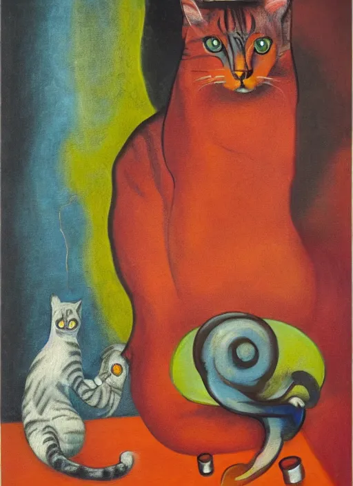 Prompt: cat and ghost, isometric perspective, grotesque, doomed, acrylic paint, gouache on canvas, vibrant colors, grotesque, wrapped thermal background, art francis bacon