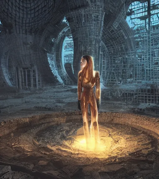 Image similar to tarkovsky greatest scene, aura of the ancient destroyed majestic tower of babylon, woman in gantz suit, futuristic cyber clothing, transparent puffer jacket, hyperealistic, blockchain, cyber world, ambient lighting, concept art, intricate, hyper detailed, smooth, dynamic volumetric lighting, octane, ray trace, cinematic, high quality, cgsociety