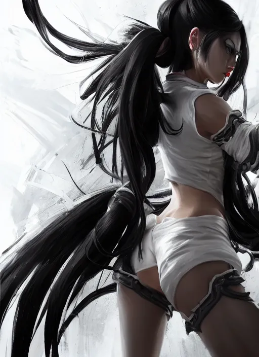 Image similar to a highly detailed illustration of fierce tall amazon messy ponytail black haired one armed delinquent japanese woman wearing white cap wearing long white jacket with cape, powerful imposing pose, muscular, perfect face, intricate, elegant, highly detailed, centered, digital painting, artstation, concept art, smooth, sharp focus, league of legends concept art, wlop.