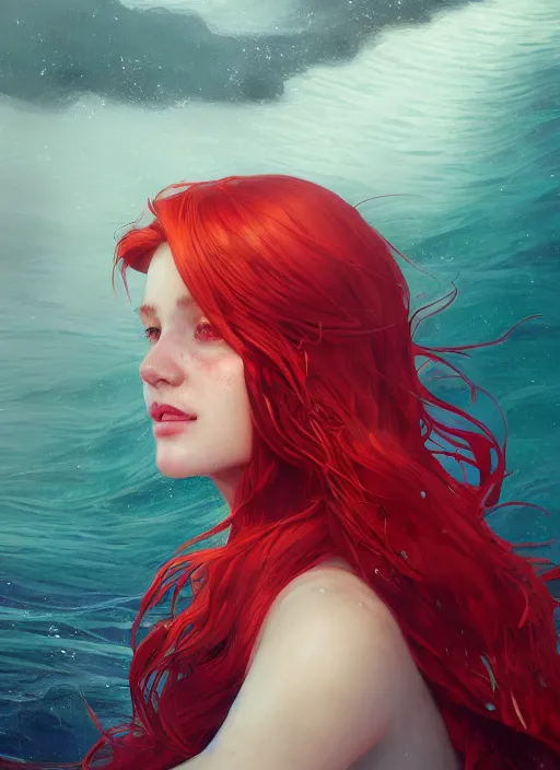 Image similar to portrait of ariel, red hair, sea, hyper detailed, digital art, cinematic lighting, studio quality, smooth render, unreal engine 5, octane rendered, art style by klimt and nixeu and ian sprigger and wlop and krenz cushart.