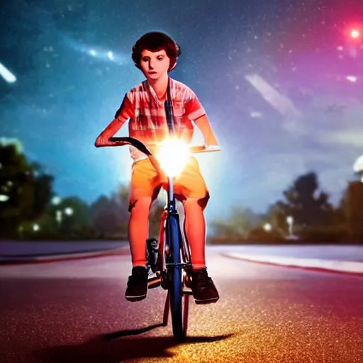 Image similar to Finn WolfHard (Mike Weeler) from Stranger Things riding her bike in the middle of the street, the bike's flashlight illuminating the ground, the clear sky, realistic, extremely high details, photorealistic, 2022s, soft lighting, 4k, human photo