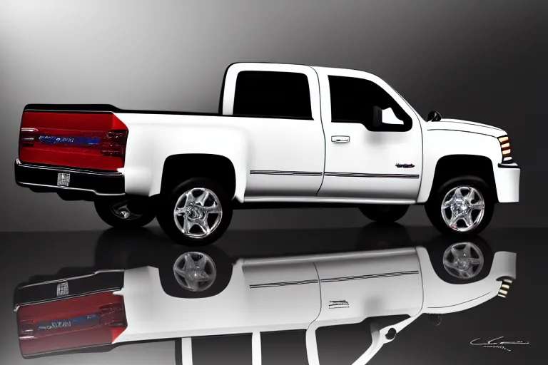 Prompt: closeup side photo of 2 0 0 6 white single cab 2 door long bed silverado truck on a reflective black floor, hyper detailed, smooth, high contrast, volumetric lighting, golden ratio, octane, jim lee, giorgetto giugiaro, craig mullins, chris bangle, ian callum!, vibrant rich deep color