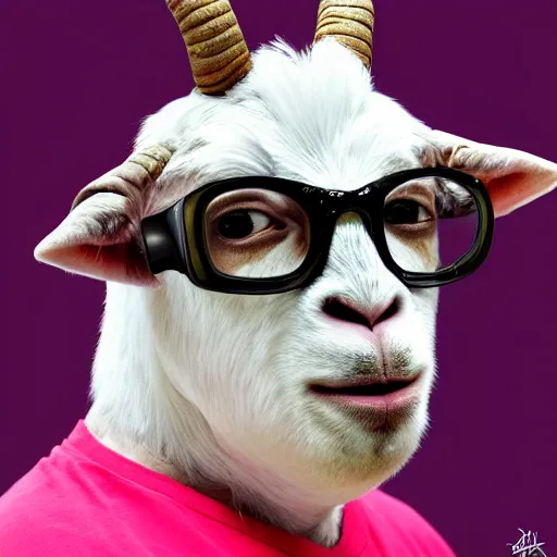 Image similar to andy milonakis as a goat, goat body, human head, anthropomorphic, 4 k, photorealistc, high details