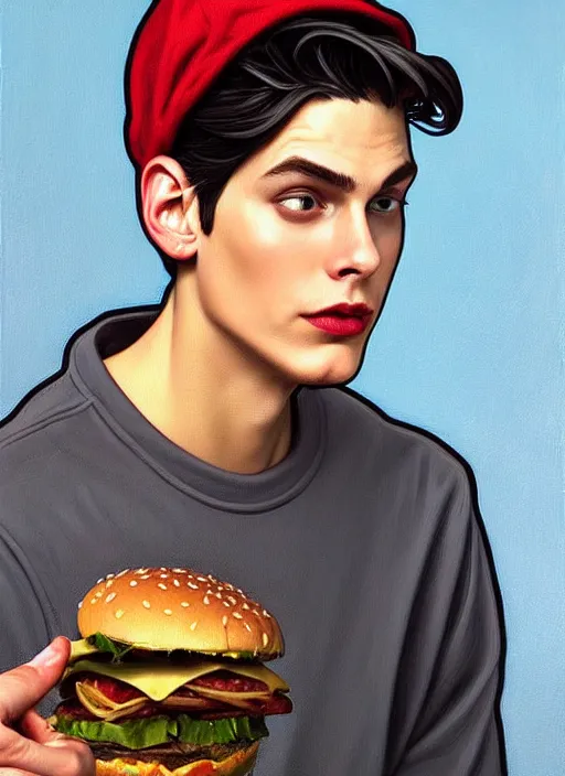 Image similar to oil painting, jughead jones wears a grey crown, and devours a hamburger, intricate, elegant, highly detailed, lighting, painting, artstation, smooth, illustration, art by greg rutowski and alphonse mucha