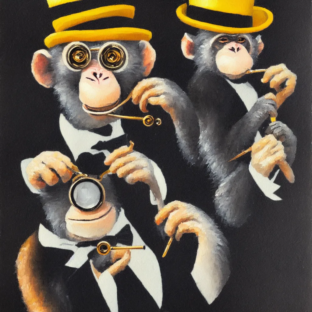 Prompt: one monkey wearing a monocle and a top hat drinking tea, brush strokes, oil painting