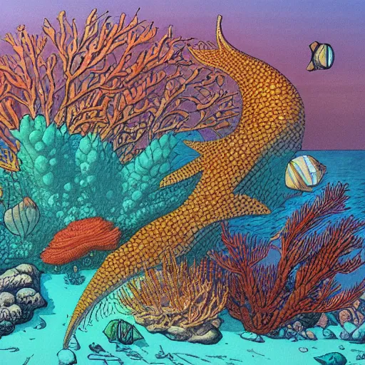 Prompt: the seabed, with corals and fish art by moebius