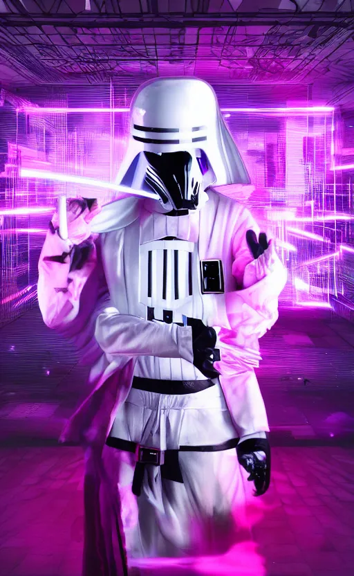 Image similar to white darth vader dancing synth wave retro wave vapor wave white and pink lighting and clothes and tech cyberpunk style ultra realistic high quality highly detailed 8 k