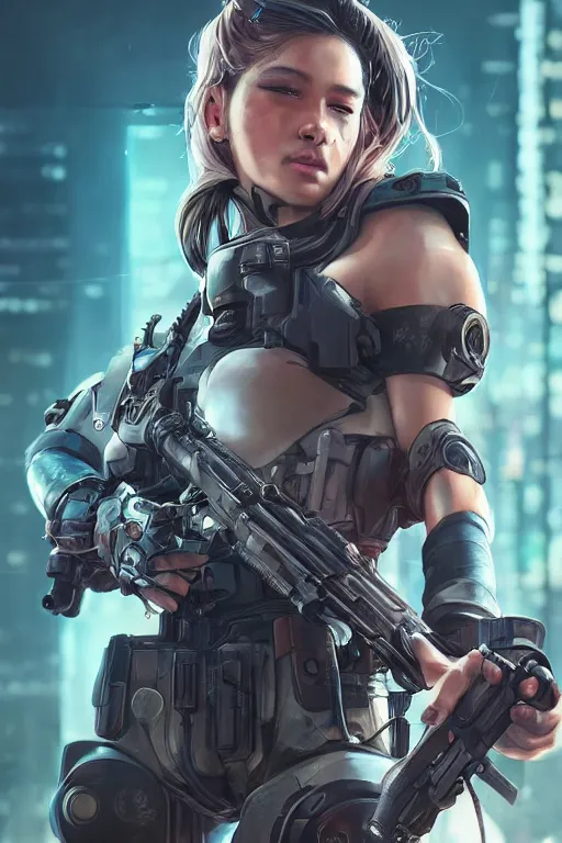 Prompt: beautiful portrait of a cyborg mercenary girl holding a rifle, art by wlop and artgerm, cyberpunk, neon, elegant, highly detailed, trending on artstation, sharp focus, caustics, octane render, radiant light, 4 k