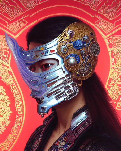 Prompt: portrait of a cyberpunk machine, machine face, upper half portrait, decorated with chinese opera motifs, asian, fine china, wuxia, traditional chinese art, intricate, elegant, highly detailed, symmetry, headpiece, digital painting, artstation concept art smooth sharp focus, illustration, art by artgerm and greg rutkowski alphonse mucha 8 k