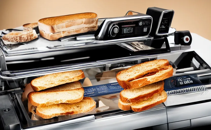 Image similar to a time-traveling delorean styled toaster with toast, bread inserted into slot, professional product shot, magazine ad