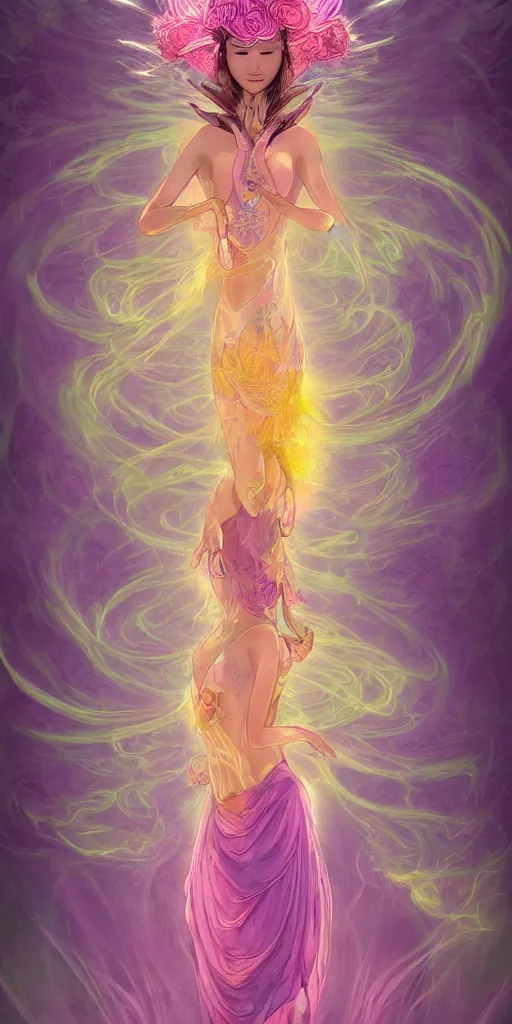 Image similar to 'lotus goddes, full body, purple, pink, yellow, concept character, water drops, lotus flower, beautiful, stunning, pink mist, radiating power, energy, god rays, luminescence, fractal, style of james jean, akira, satoshi con'