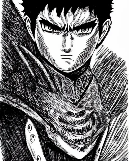 Prompt: guts berserk, character art by kentaro miura, handsome manga portrait illustration