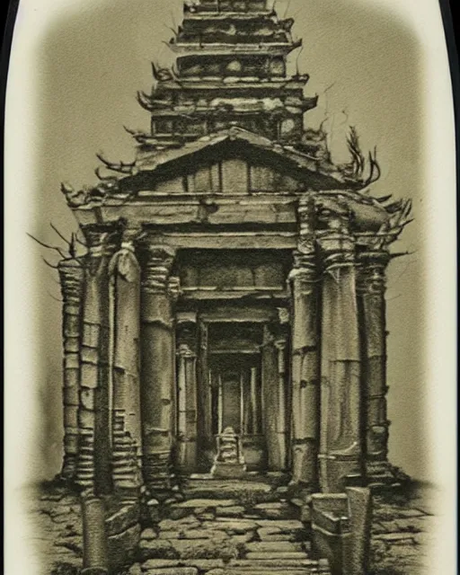 Prompt: Haunting horrifying detailed polaroid of an ancient temple that calls out to the viewer, beckoning them in to their deaths, hyper detailed, trending on Artstation