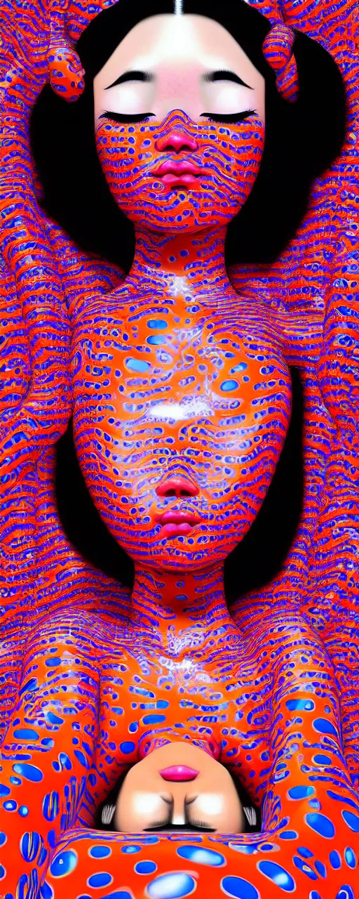 Image similar to realistic detailed image of a geisha laying down in a padded room, conjuring psychedelic background, part by yayoi kusama, part by alex gray, part by ross tran, part by james jean, ultra realistic, highly detailed, life like face, detailed body, 8 k, octane render, trending on artstation, very cohesive, masterpiece