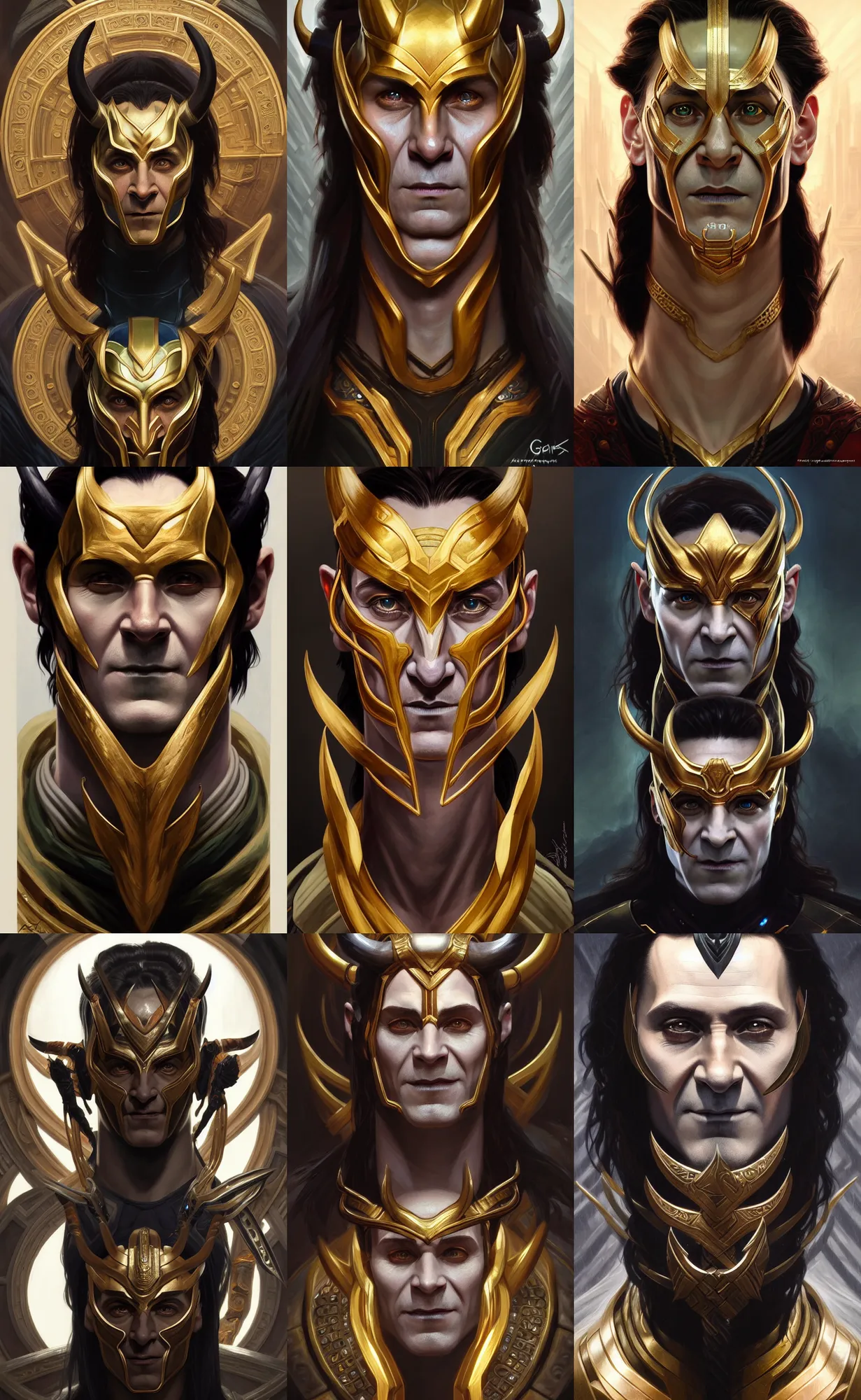 Image similar to symmetry!! intense portrait of loki in the style of god of war, machine parts embedded into face, intricate, elegant, highly detailed, digital painting, artstation, concept art, smooth, sharp focus, illustration, art by artgerm and greg rutkowski and alphonse mucha, 8 k