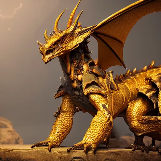 Prompt: an injured damaged dragon with patchy golden scales and exposed bones and has a broken wing and leg, fantasy, intricately detailed, 8 k render, ultra high resolution, octane render, trending on artstation