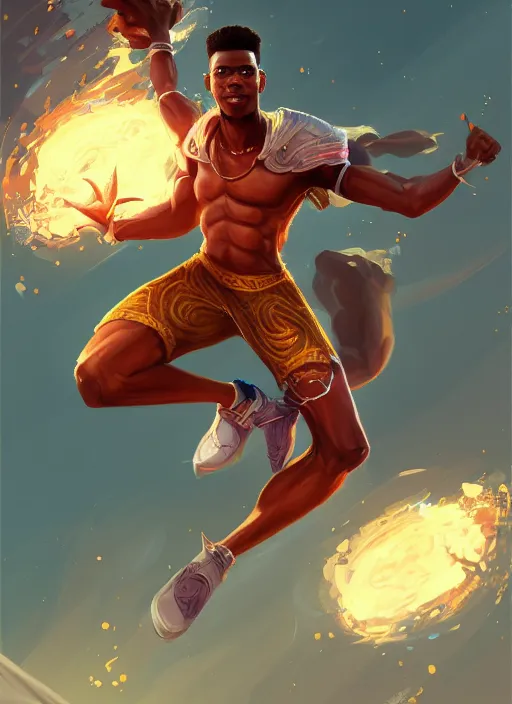 Prompt: a highly detailed illustration of attractive young african fire god with flat top hair, wearing track and field suit, heroic jumping pose, intricate, elegant, highly detailed, centered, digital painting, artstation, concept art, smooth, sharp focus, league of legends concept art, wlop
