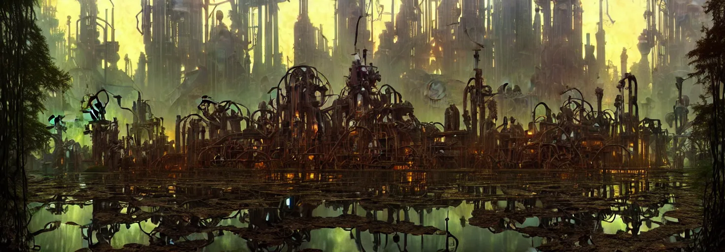 Image similar to steampunk cybercity in a swamp, godrays, cinematic, poster art by james gurney, weta studio, lucasfilm jesper ejsing, norman rockwell, mucha, ilya kuvshinov, greg rutkowski frank frazzeta on artstation