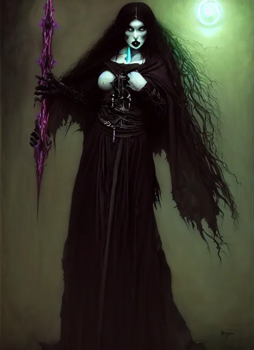 Image similar to female goth necromancer, robes, full body, hyper realistic, extremely detailed, dnd character art portrait, dark fantasy art, intricate fantasy painting, dramatic lighting, vivid colors, deviantart, artstation, by edgar maxence and caravaggio and michael whelan and delacroix.