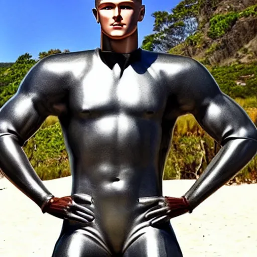 Image similar to a realistic detailed photo of a guy who is an attractive humanoid who is half robot and half humanoid, who is a male android, football player christian mccaffrey, shiny skin, posing like a statue, blank stare, by the beach, on display