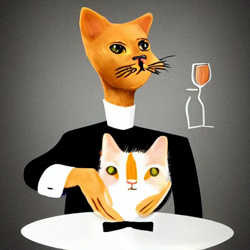 Image similar to waiter with a cat head, concept art