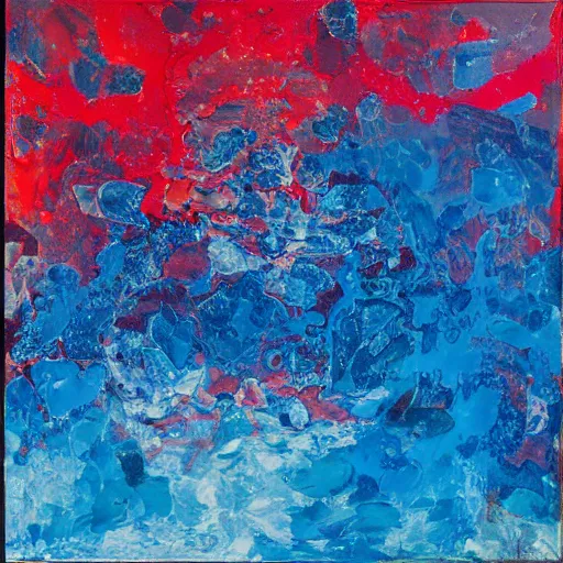 Image similar to floating blobs of blue water on a plain background, oil on canvas, abstract art, caustics, volumetric light, in the style of jean - paul riopelle