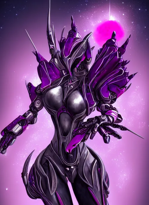 Image similar to galactic hyperdetailed elegant beautiful stunning giantess anthropomorphic mecha hot female dragon goddess, sharp spines, sharp metal ears, smooth purple eyes, smooth fuschia skin, silver armor, bigger than galaxy, epic proportions, epic scale, macro giantess, warframe, destiny, furry, dragon art, goddess art, giantess art, furaffinity, octane render