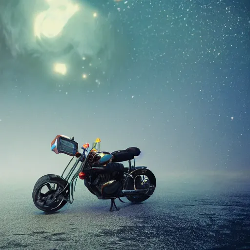 Image similar to a motorcycle floating in space inside magic colorful glowing fog, starry sky, tranquil, desolate, atmospheric, hazy, autochrome, 8k, photo, octane render, unreal engine 5