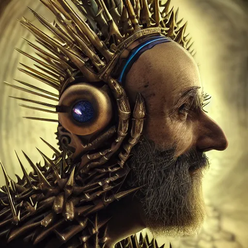 Prompt: a highly detailed orthodox rabbi with multiple eyes and spikes, limbs by alex gray, android jones, karol bak, ayami kojima, artgerm, concept art, sharp angles, robot, 3 d, octane render, 8 k, unreal engine