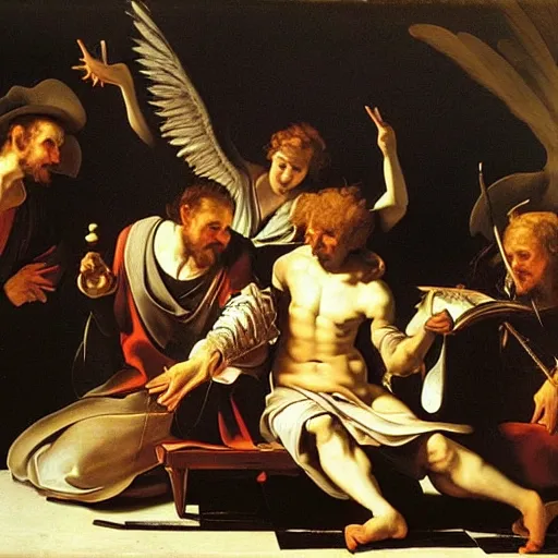 Prompt: angels in heaven playing backgammon baroque masterpiece painting by caravaggio, rembrandt, rubens