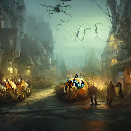 Prompt: halloween harvest festival, volumetric lighting, 8 k octane beautifully detailed render, post - processing, extremely hyper - detailed, intricate, epic composition, cinematic lighting, masterpiece, trending on artstation, detailed detailed detailed, masterpiece, stunning art by anders zorn, wonderful masterpiece by greg rutkowski, beautiful cinematic light,