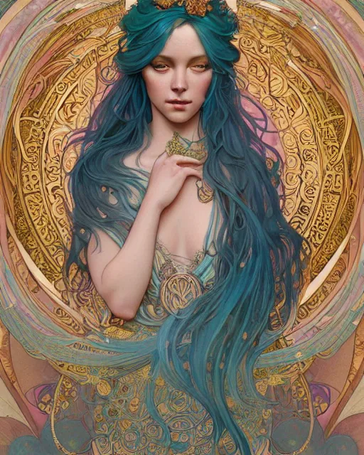 Image similar to an ethereal goddess with turquoise hair | highly detailed | very intricate | art nouveau | gold filigree | romantic storybook fantasy | soft cinematic lighting | award - winning | disney concept art watercolor illustration by mandy jurgens and alphonse mucha and alena aenami | pastel color palette | featured on artstation