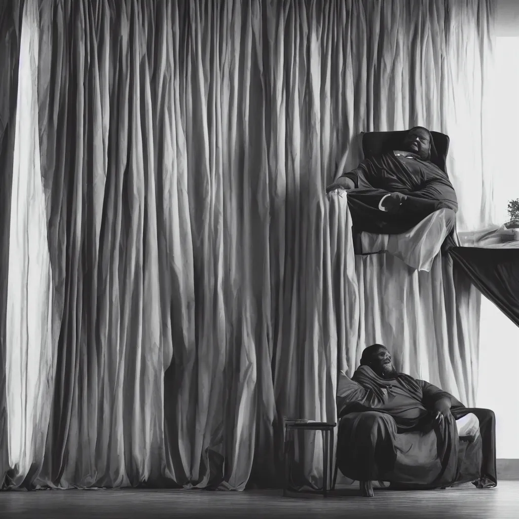 Prompt: Large black man sitting on chair, setting covered by large folding silky curtains, dark, 8K photo realistic, black and white color, dimly lit, top light, dark