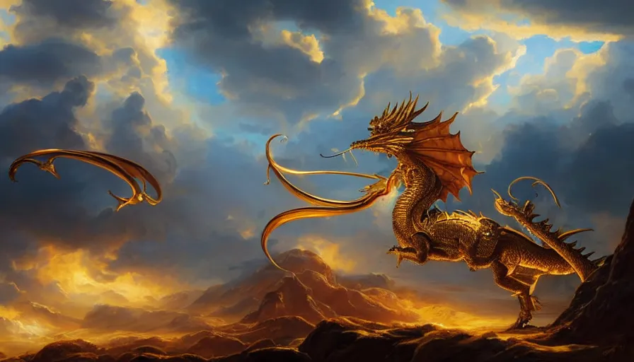 Image similar to epic golden dragon in a nordic landscape under bright daylight with very, very, very beautiful clouds, painted by Hans Fredrik Gude, Greg Rutkowksi, Peter Mohrbacher and Artgerm, concept art 2022, ultra realistic masterpiece, contrasting details vs blank areas, oil on canvas