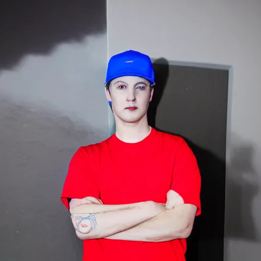 Image similar to a full body shot of an average white, short young - adult man with blue dyed hair holding a microphone, wearing a red backwards cap, white t - shirt with a red no symbol on it, blue long pants and red shoes