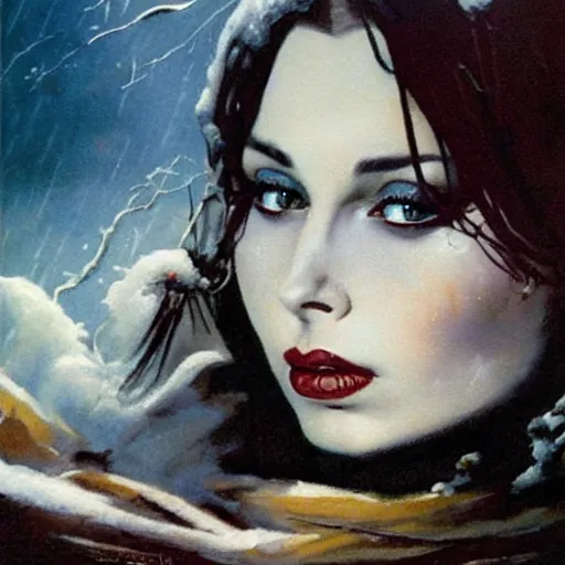 Prompt: ultra realistic portrait painting of a witch in the snow by a fire, art by frank frazetta, vintage levi ’ s ad, stormy weather, dark vibes, 4 k, ultra realistic, highly detailed, epic lighting