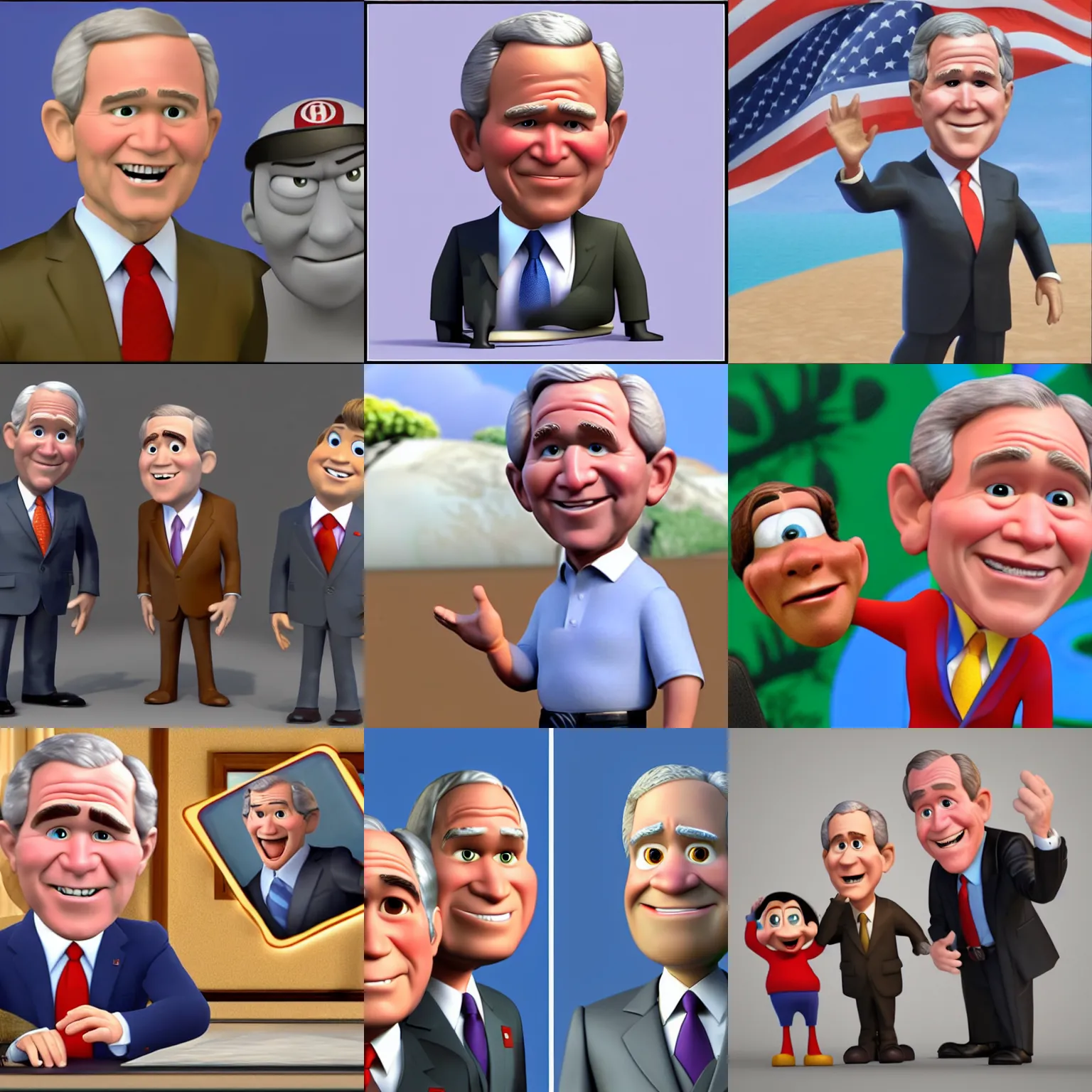 Prompt: george w bush as a 3 d rendered cartoon pixar dreamworks disney