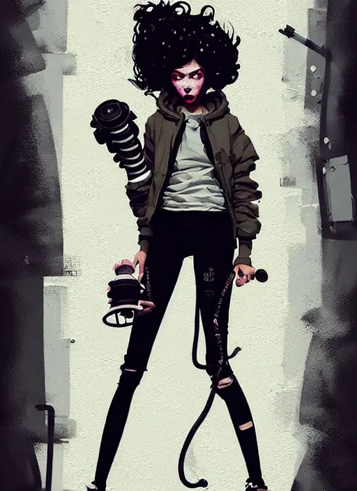 Image similar to highly detailed portrait of a sewer punk lady, tartan hoody, ringlet hair by atey ghailan, by greg rutkowski, by greg tocchini, by james gilleard, by joe fenton, by kaethe butcher, gradient grey, black, cream and white color scheme, grunge aesthetic!!! ( ( graffiti tag wall background ) )