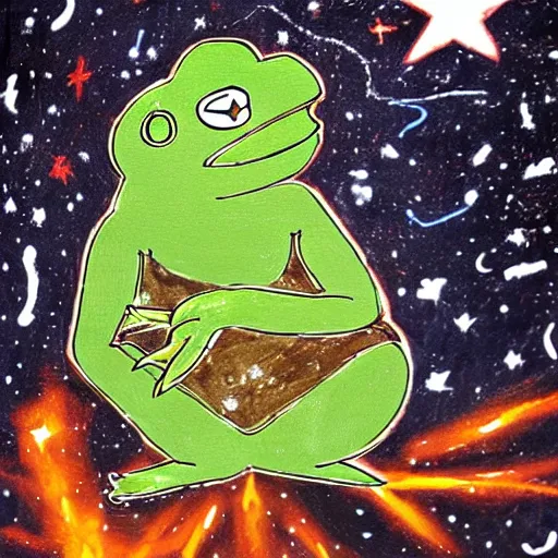 Prompt: cave painting of pepe the frog with star and galaxies