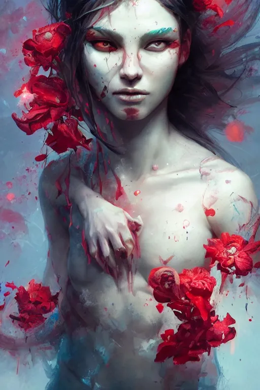 Prompt: abstract face closeup of beautiful girl predator covered with blood, 3 d render, hyper realistic detailed portrait, holding magic flowers, ruan jia, wlop. scifi, fantasy, hyper detailed, octane render, concept art, by peter mohrbacher, by wlop, by ruan jia