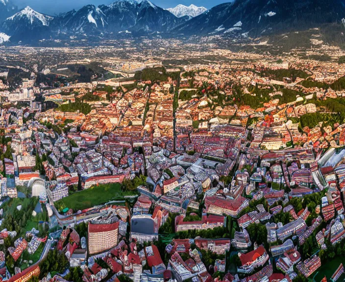 Prompt: 4 k hd, high detail panoramic photograph of innsbruck, shot with sigma f / 4. 2, 2 5 0 mm sharp lens, wide shot, volumetric lighting, high level texture render, unreal engine