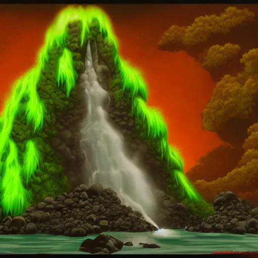 Image similar to green lava waterfall, Trending on Artstation, Hiroaki Tsutsumi style