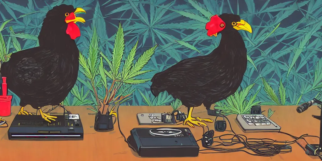 Image similar to 'black chicken'!!! smoking 'cannabis'!!!!!! in front of 'audio console'!!!! and 'multi monitors'!!!! 'in a hi-tech tv broadcasting studio'!!!!, artwork by James Gilleard