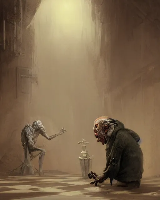 Prompt: a highly detailed epic cinematic concept art CG render digital painting artwork: A dead old man playinh chess with a Ethereal fog creature in a decayed gas station. volumetric lighting. By Greg Rutkowski, in the style of Francis Bacon and Syd Mead and Norman Rockwell and Beksinski, open ceiling, highly detailed, painted by Francis Bacon and Edward Hopper, painted by James Gilleard, surrealism, airbrush, Ilya Kuvshinov, WLOP, Stanley Artgerm, very coherent, triadic color scheme, art by Takato Yamamoto and James Jean