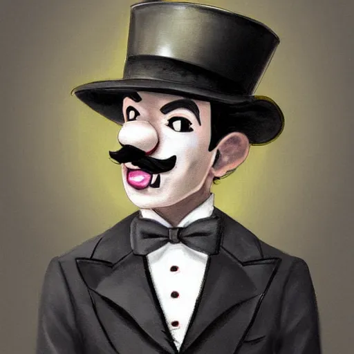 Prompt: dapper fancy luigi wearing a top hat, smirking deviously, painted by wlop