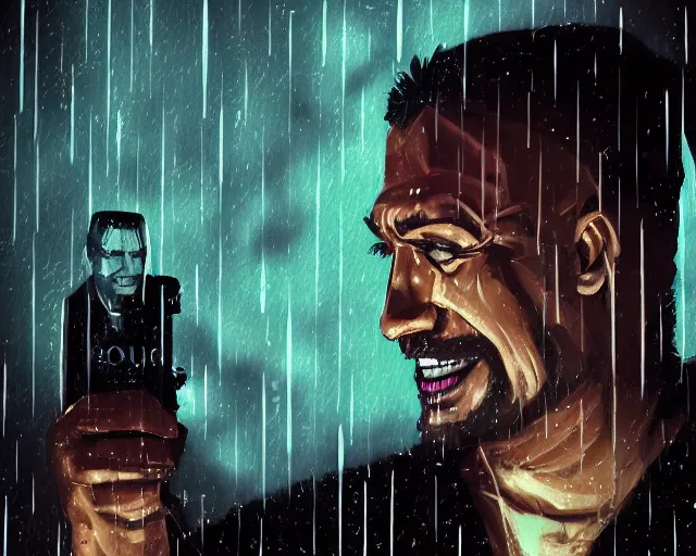 Prompt: closeup headshot of the rock smiling in the rain, bladerunner, backlit, night club, futurepunk, gta v, pinup, nagel, arney freytag, dark moody, cinematic, greg rutkowski, octane!